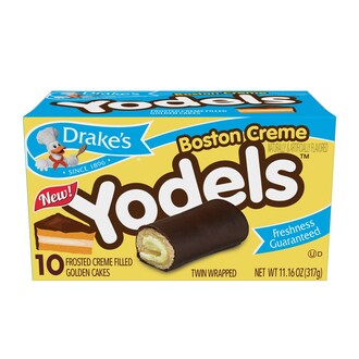 Introducing Drake’s Boston Creme Yodels are moist, golden cake rolled around Boston Creme-flavored creme and enrobed in Drake’s rich, dark fudge icing.